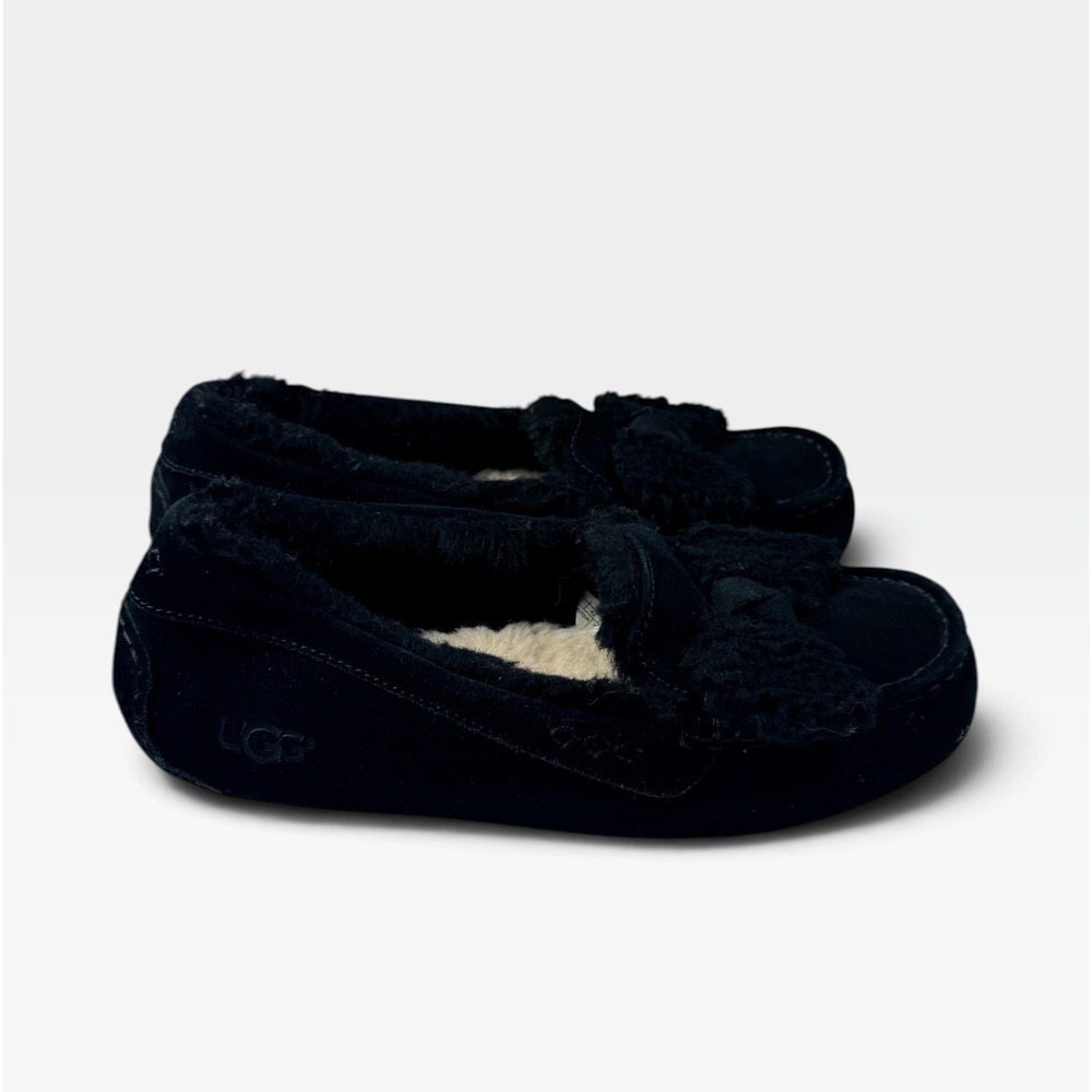 UGG Ansley Fur Bow Suede Slippers Womens 11 Black 1019758 Moccasins